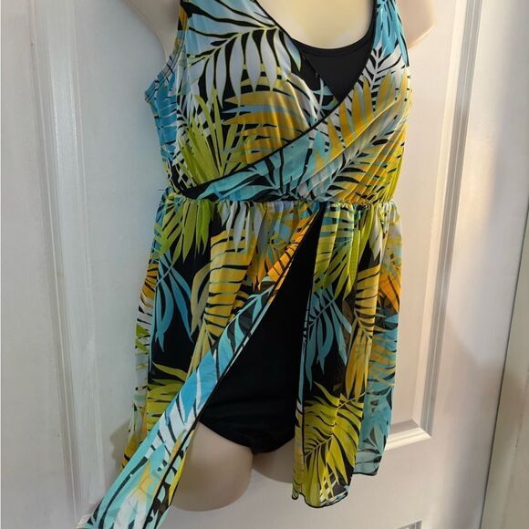 Tropical Leaf Print Denim & Co Beach Swim Dress Sz 8 - Picture 3 of 8